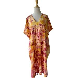 Vtg Paco Silva Orange Batik Tie Dye Kaftan Fringe Cotton Dress Plus Size 80s
